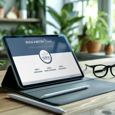 A sleek tablet on a wooden desk displays the "Build A Better Brand: Naming Your Business" workbook by intraMuse Creative. The screen shows three steps—Word Bank, Name Categories, and Evaluation—surrounded by plants and creative workspace elements.