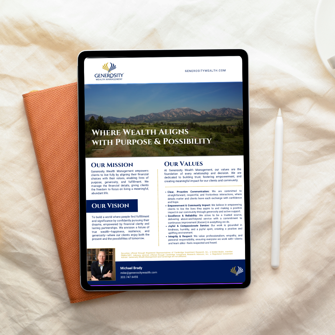 Tablet displaying a rebranded mission and values document for Generosity Wealth Management, placed on a fabric surface with a pen beside it.