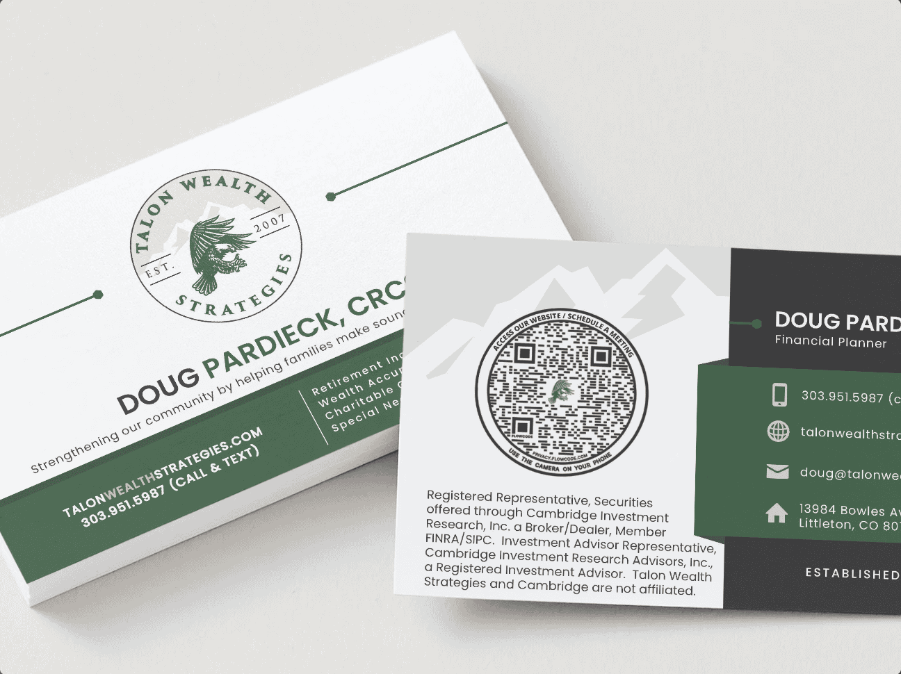 Stacked and angled business cards for Talon Wealth Strategies, featuring a green and white color scheme, mountain motif, and QR code for scheduling.