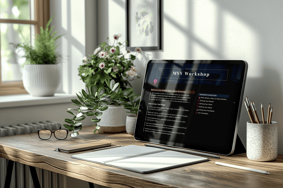 intraMuse--MVV-Workbook Beams to Basements Contractors website and project portfolio displayed on a desktop, laptop, tablet, and phone on a clean white desk with minimal decor.