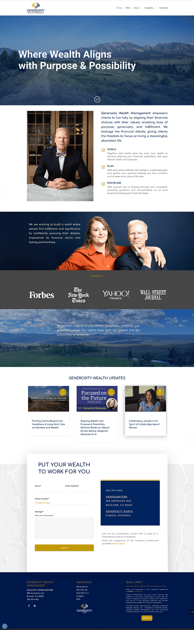 iMc - GWM Website Screenshot of the Generosity Wealth Management homepage featuring the tagline “Where Wealth Aligns with Purpose & Possibility,” portraits of founder Michael Brady and team, a section highlighting their mission and values, recent news updates, and contact information for their Boulder and Dubois offices.