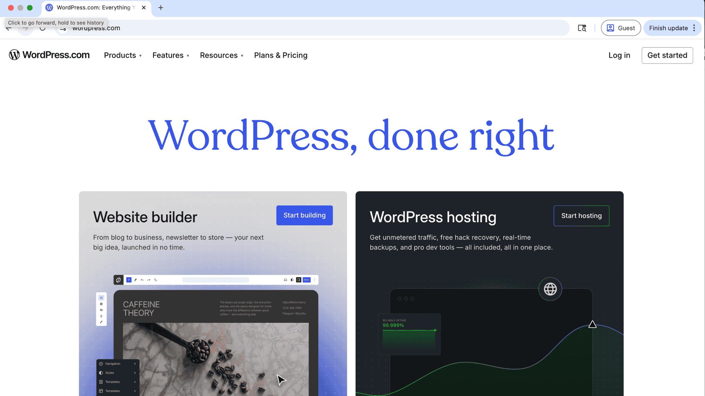 iMc- Websites 101 WordPress WordPress.com homepage featuring “WordPress, done right” with options to start building a website or hosting service.