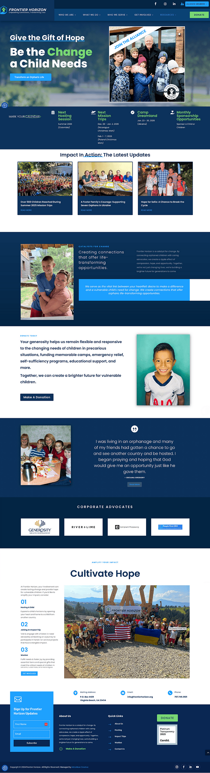 intraMuse- Frontier Horizon Website Homepage Frontier Horizon website homepage showcasing the nonprofit’s mission to connect caring donors with vulnerable children worldwide. The page features calls to action such as “Be the Change a Child Needs,” upcoming mission trips and camps, donor stories, and impact highlights from projects in Ukraine and Nicaragua.