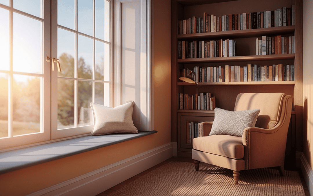 Sunlit reading chair beside a large window and bookshelf, representing quiet reflection and clarity in business leadership.