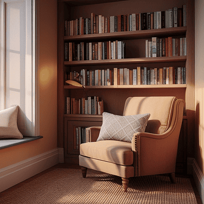 Sunlit reading chair beside a large window and bookshelf, representing quiet reflection and clarity in business leadership.